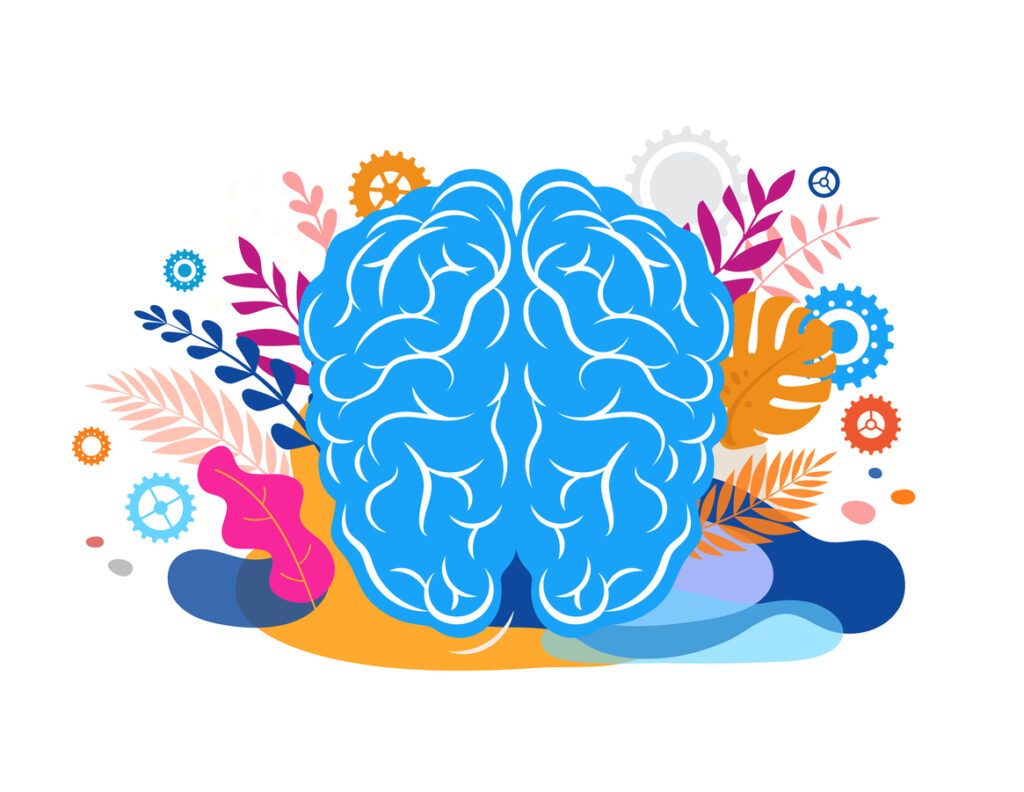 A brain with plants and gears surrounding it.