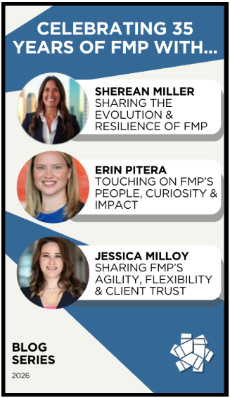 Promotional graphic for a blog series celebrating 35 years of FMP, featuring three speakers: Sherean Miller discussing evolution and resilience, Erin Pitera covering people, curiosity, and impact, and Jessica Milloy focusing on agility, flexibility, and client trust. Design includes blue and white color blocks, circular portraits of speakers, and FMP logo at bottom right.