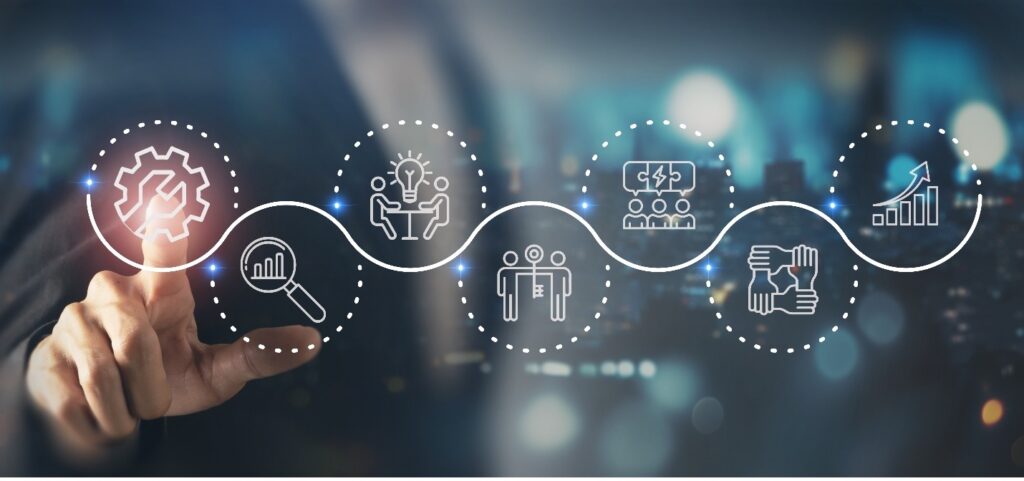 A finger pointing to a floating icon, which is connected to other floating icons that illustrate analytics, innovation, teamwork, collaboration, and growth.