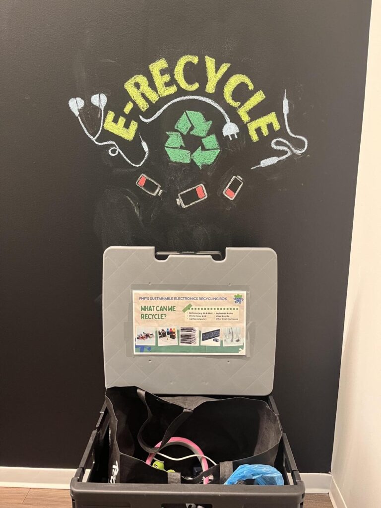 FMP's e-recycle bin with an illustrated chalk sign above it