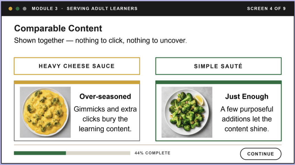 Content page with comparable content shown side-by-side, nothing to click or uncover. Heavy Cheese Sauce, “Over-seasoned: Gimmicks and extra clicks bury the learning content.” Simple Sauté, “Just Enough: A few purposeful additions let the content shine.” 